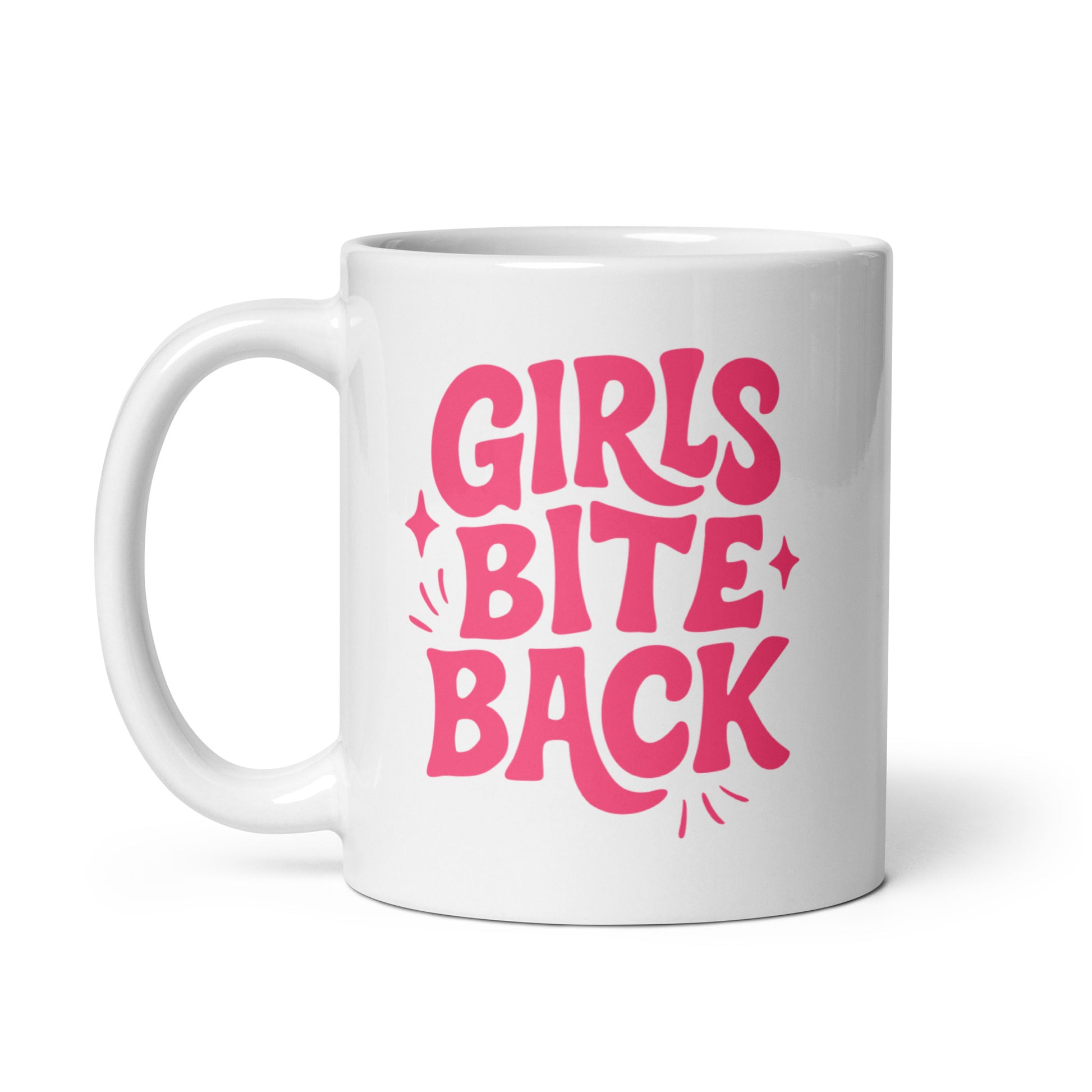 Girls Bite Back Glossy White Coffee Mug by Spinsterly Co, glossy white ceramic with pink double sided text