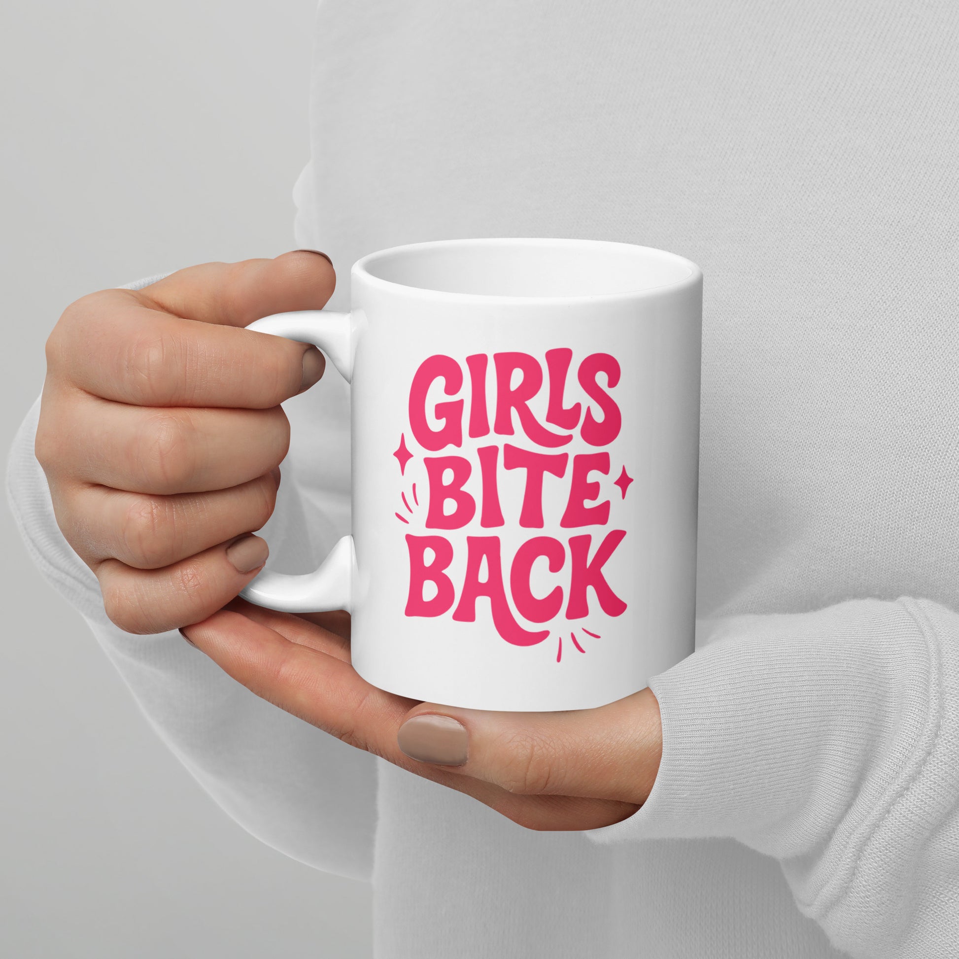 Girls Bite Back Glossy White Coffee Mug by Spinsterly Co, glossy white ceramic with pink retro lettering