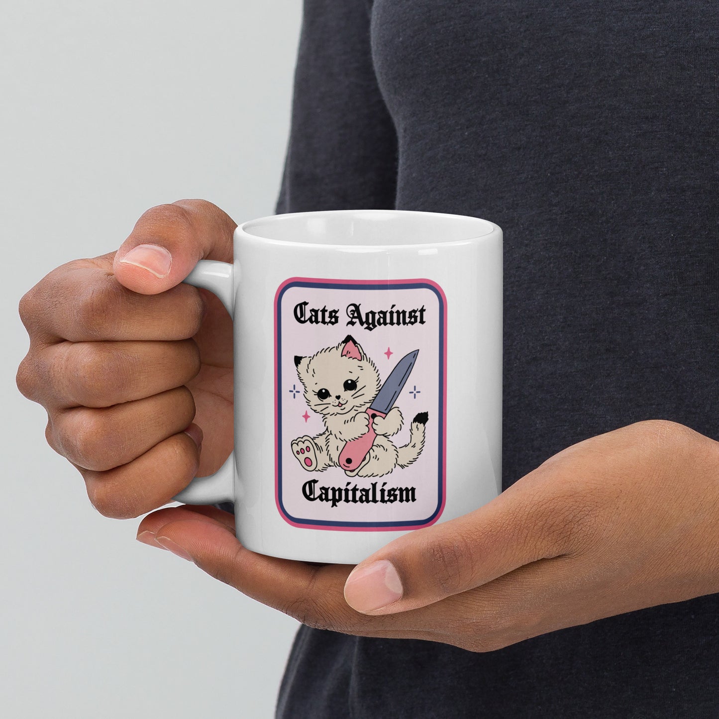 Cats Against Capitalism Glossy White Coffee Mug by Spinsterly Co, double sided protest cat illustration