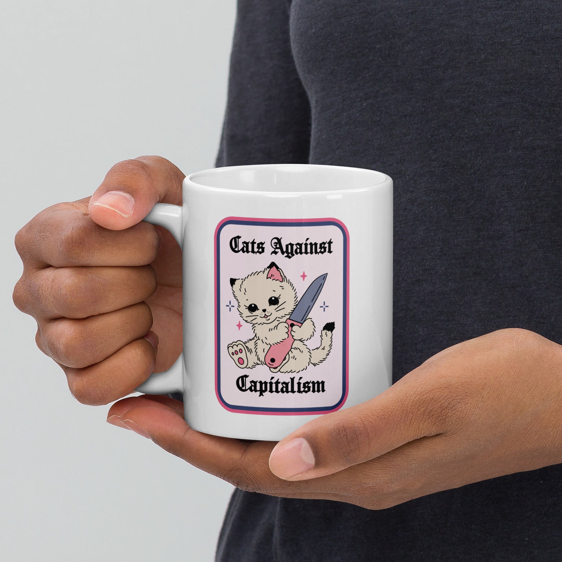 Cats Against Capitalism Glossy White Coffee Mug by Spinsterly Co, double sided protest cat illustration