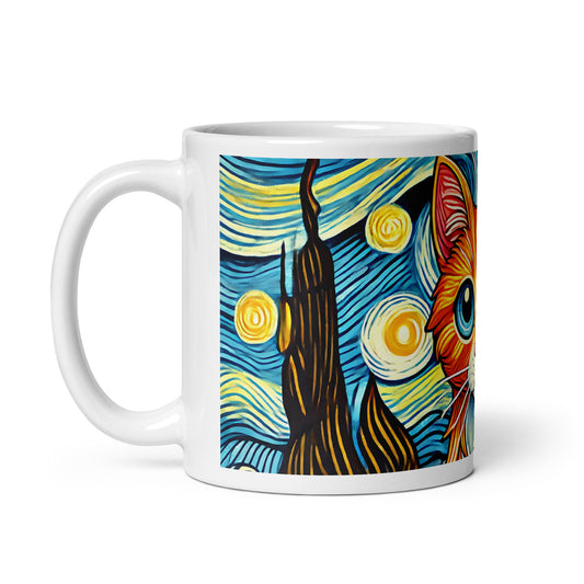 Starry Night Cat Glossy White Coffee Mug Spinsterly Co ceramic mug with wrap around night sky illustration