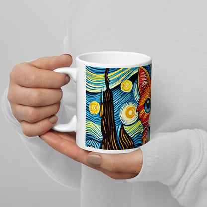 Starry Night Cat Glossy White Coffee Mug by Spinsterly Co, glossy ceramic with wrap around cat art