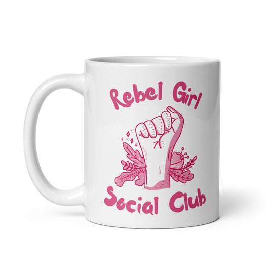 Rebel Girl Social Club Glossy White Coffee Mug by Spinsterly Co, glossy ceramic with pink feminist floral print