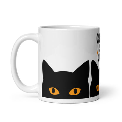 Crazy Cat Lady Peeking Black Cat Glossy White Coffee Mug by Spinsterly Co, glossy ceramic with glowing eyes