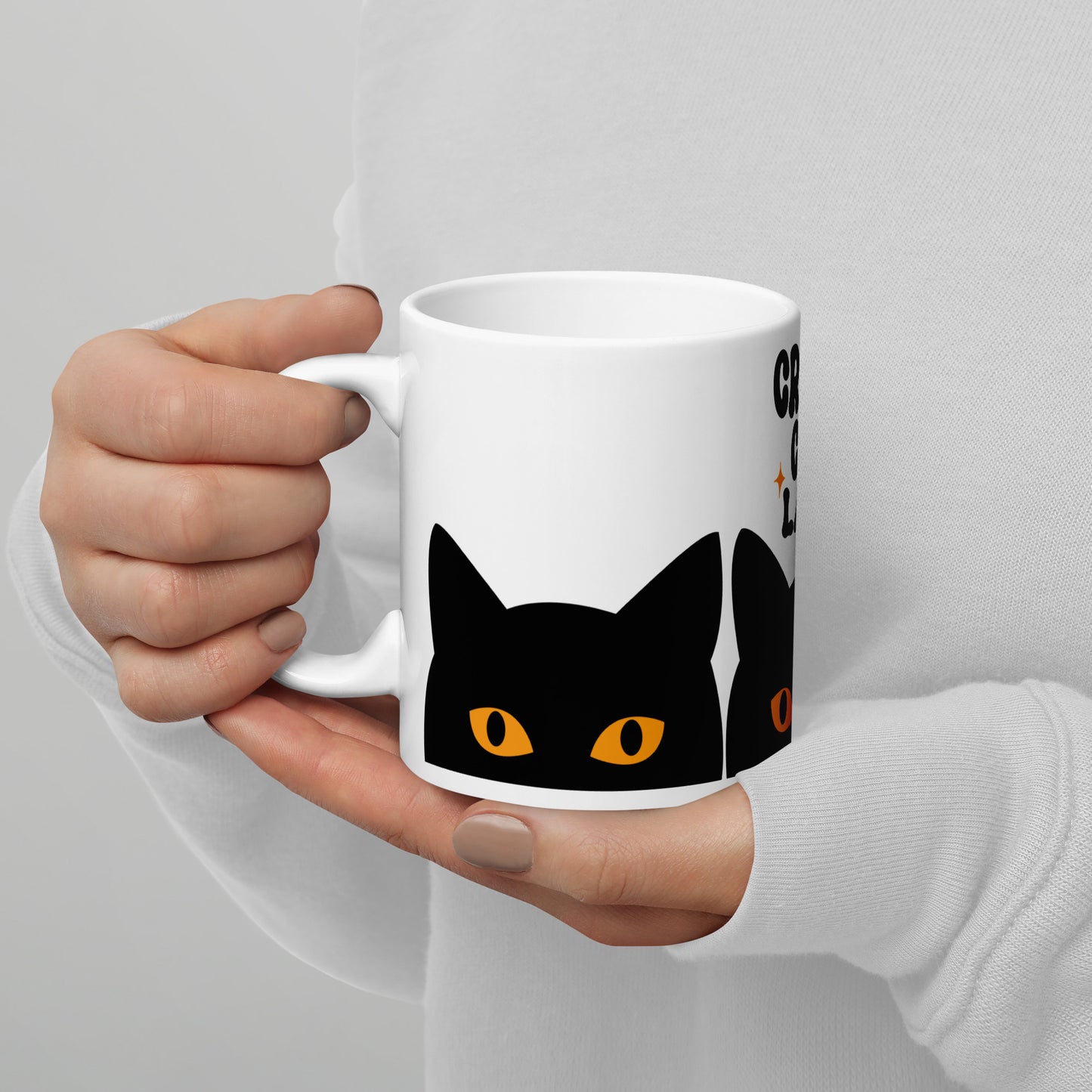Crazy Cat Lady Peeking Black Cat Glossy White Coffee Mug by Spinsterly Co, glossy ceramic with wrap-around print