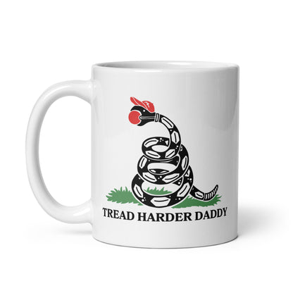 Tread Harder Daddy Coiled Snake Parody White Glossy Mug by Spinsterly Co, glossy ceramic with red snake graphic