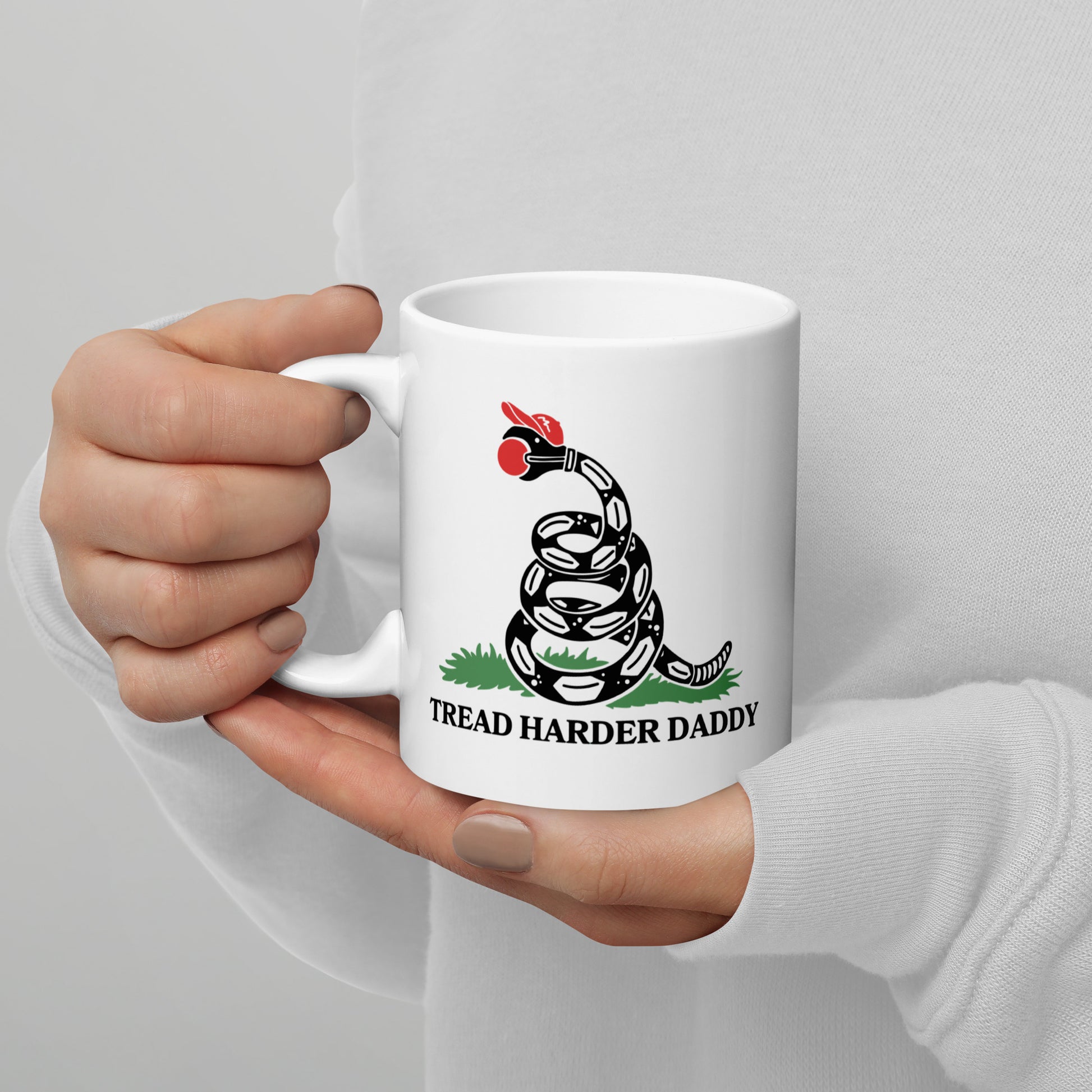 Tread Harder Daddy Coiled Snake Parody White Glossy Mug Spinsterly Co ceramic mug with glossy white finish
