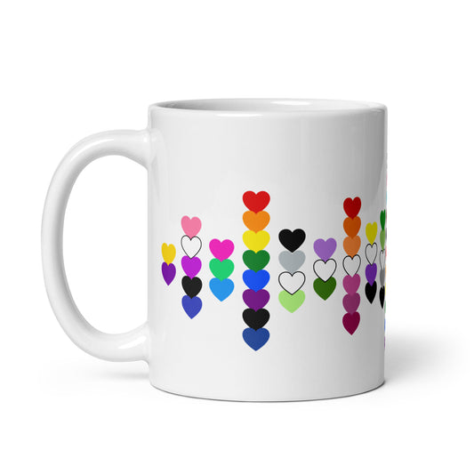 LGBTQIA Pride Flag Hearts White Glossy Mug by Spinsterly Co, ceramic mug with colorful heart scatter