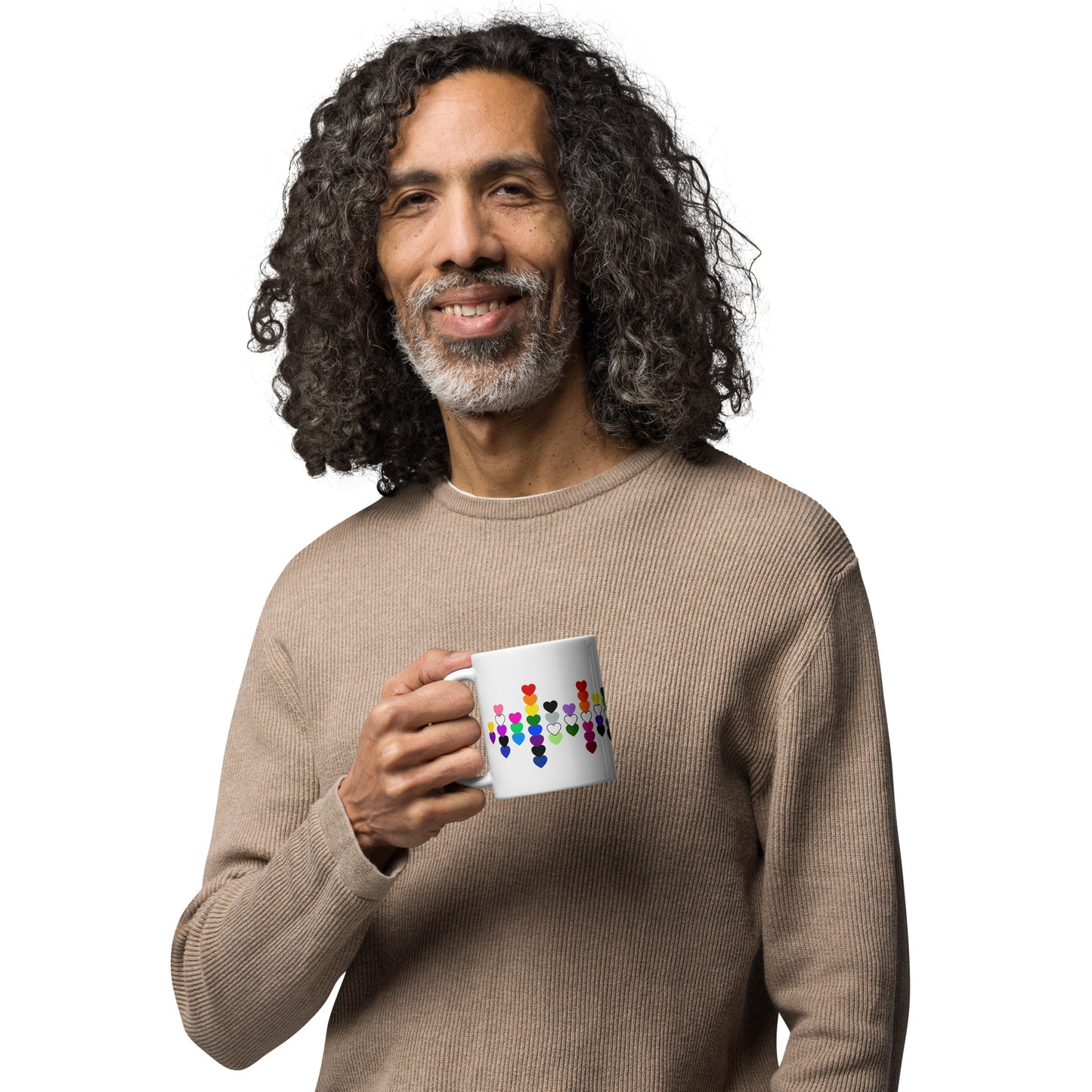 LGBTQIA Pride Flag Hearts White Glossy Mug by Spinsterly Co, ceramic with all around heart scatter design
