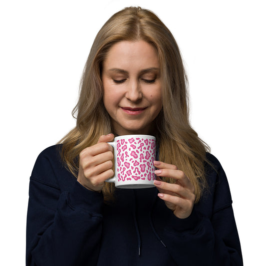 Pink Leopard Print White Glossy Mug | Breast Cancer Awareness Month - Spinsterly Co