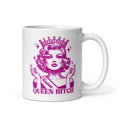 Queen Bitch White Glossy Coffee Mug by Spinsterly Co, glossy ceramic with retro queen pink crown print
