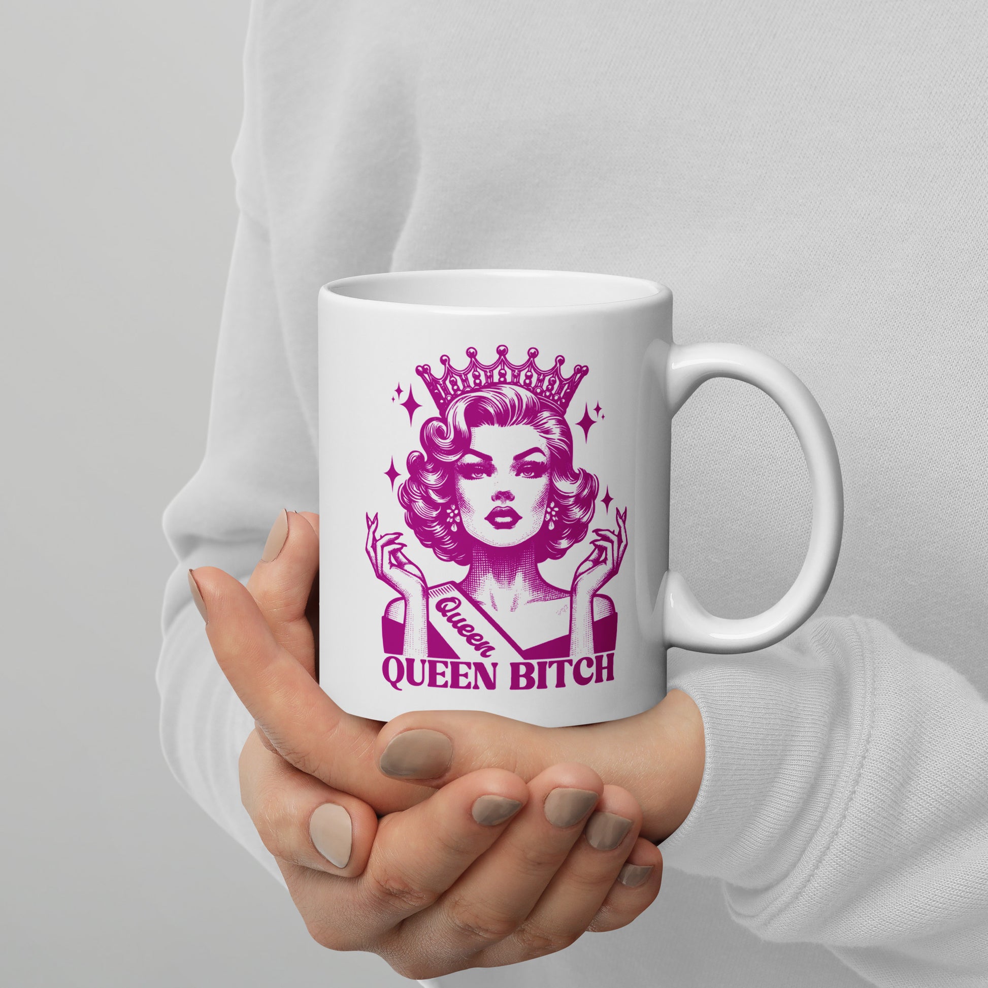 Queen Bitch White Glossy Coffee Mug Spinsterly Co crowned retro queen illustration on white ceramic mug