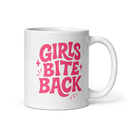 Girls Bite Back Glossy White Coffee Mug by Spinsterly Co, glossy white ceramic with pink GIRLS BITE BACK text