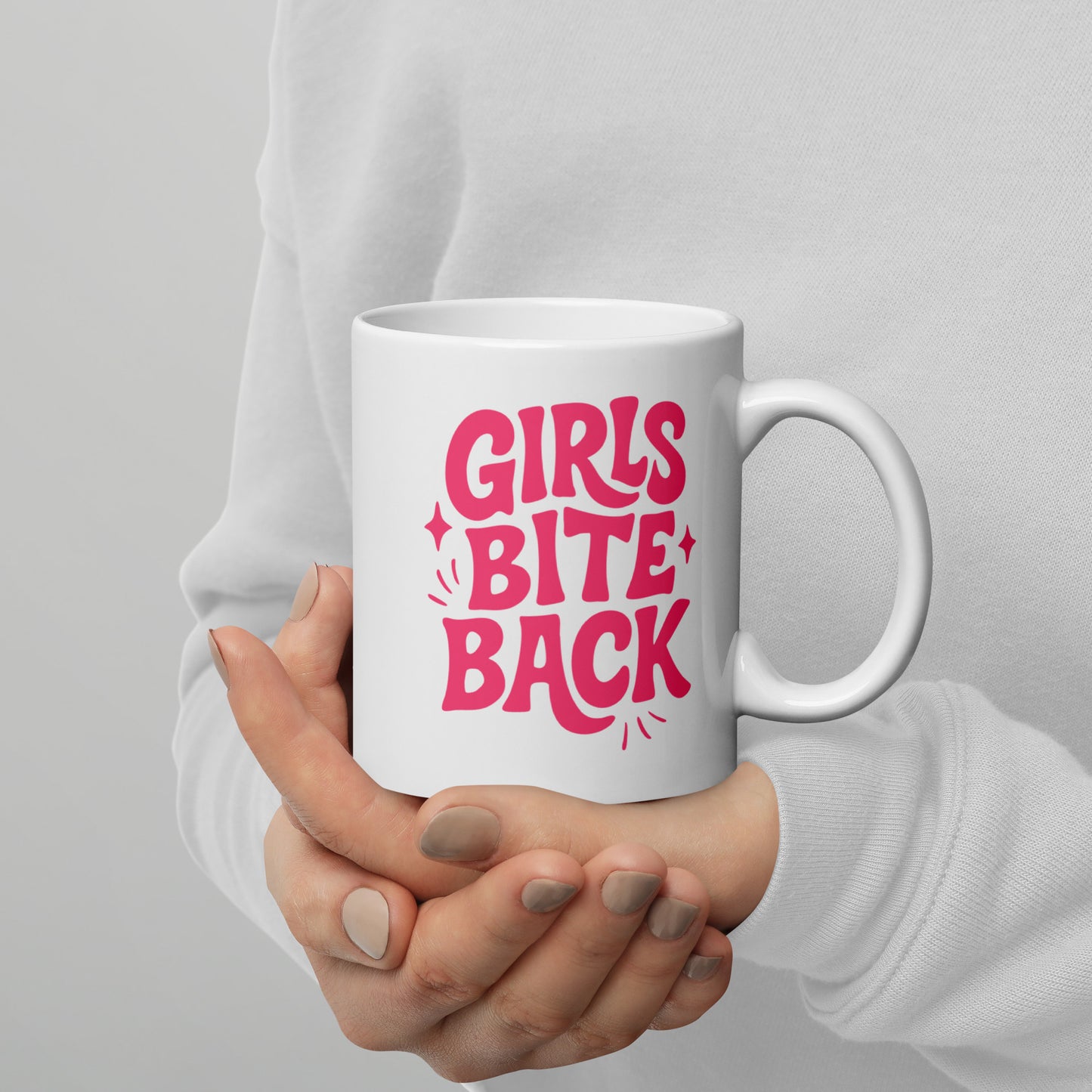 Girls Bite Back Glossy White Coffee Mug Spinsterly Co ceramic mug in glossy white with double sided printed lettering