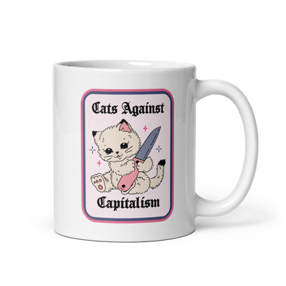 Cats Against Capitalism Glossy White Coffee Mug by Spinsterly Co, ceramic cat protest design with knife cat
