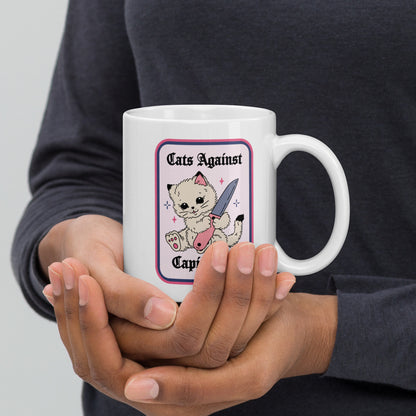 Cats Against Capitalism Glossy White Coffee Mug by Spinsterly Co, ceramic with double sided protest cat print