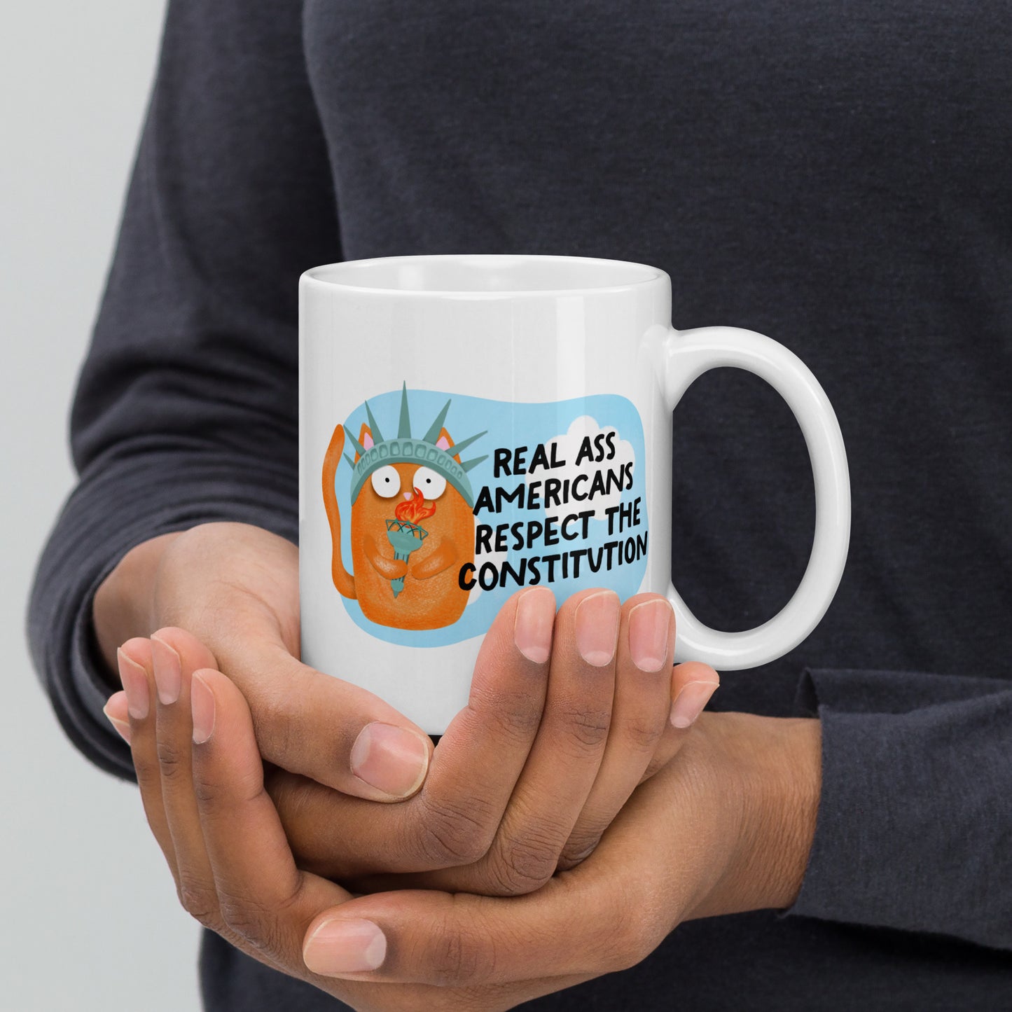 Real Ass Americans Respect the Constitution Glossy White Coffee Mug Spinsterly Co ceramic mug with double-sided cat graphic