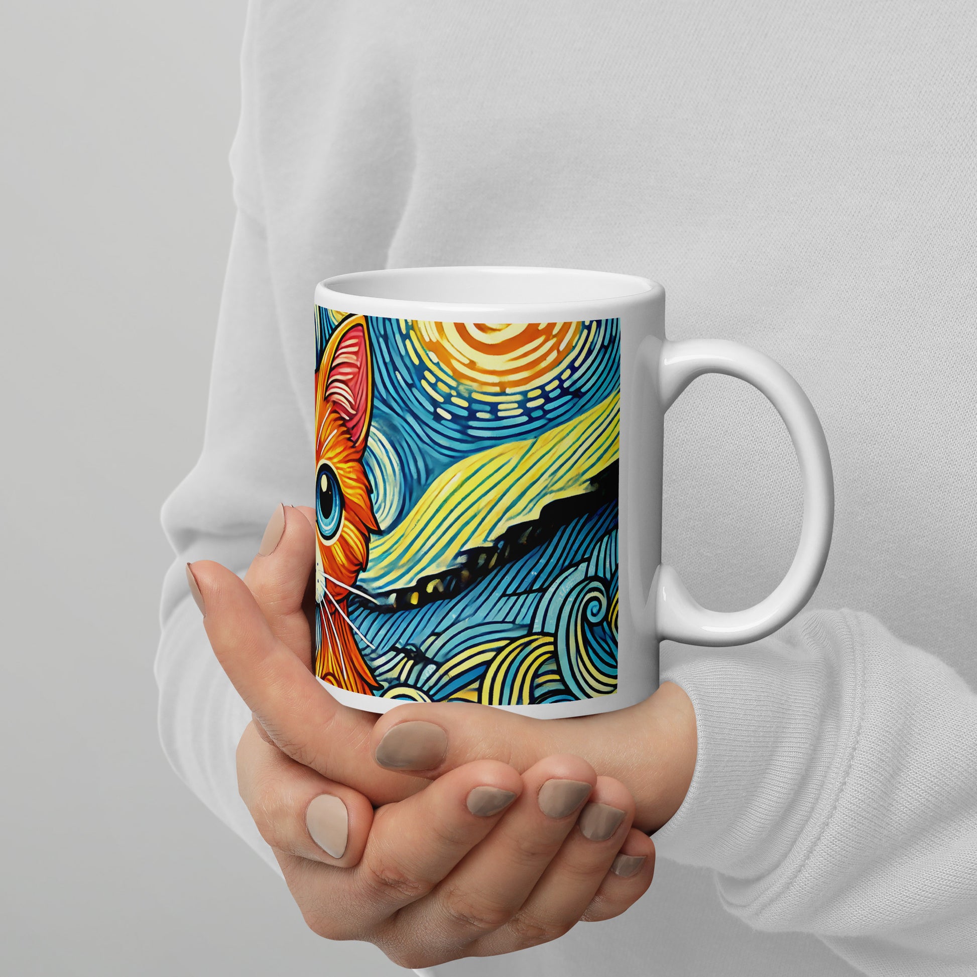 Starry Night Cat Glossy White Coffee Mug Spinsterly Co glossy ceramic mug with wrap around night sky cat art