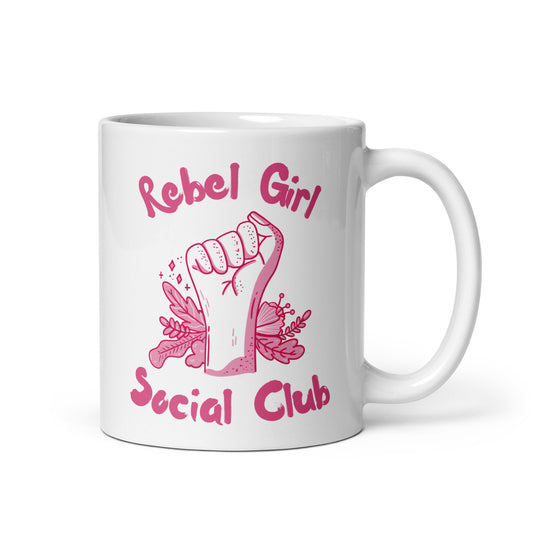 Rebel Girl Social Club Glossy White Coffee Mug by Spinsterly Co, glossy white ceramic with pink feminist floral print