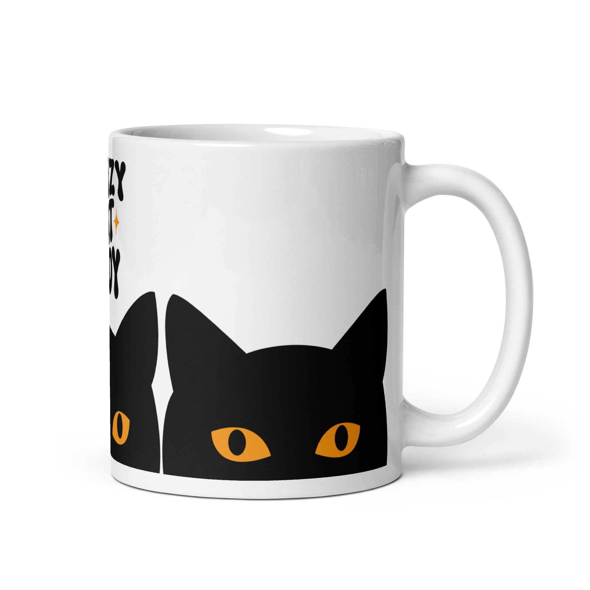 Crazy Cat Lady Peeking Black Cat Glossy White Coffee Mug Spinsterly Co with peeking cat illustration and glowing eyes