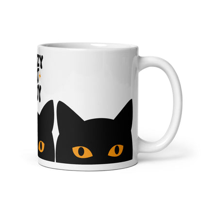 Crazy Cat Lady Peeking Black Cat Glossy White Coffee Mug Spinsterly Co with peeking cat illustration and glowing eyes