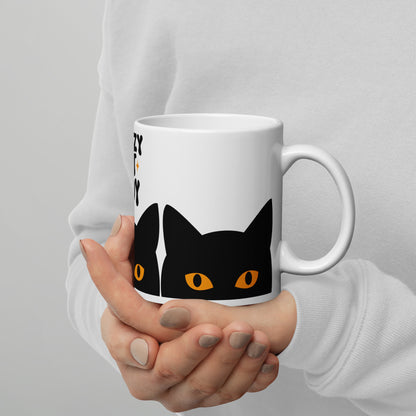 Crazy Cat Lady Peeking Black Cat Glossy White Coffee Mug by Spinsterly Co, glossy ceramic with peeking cat