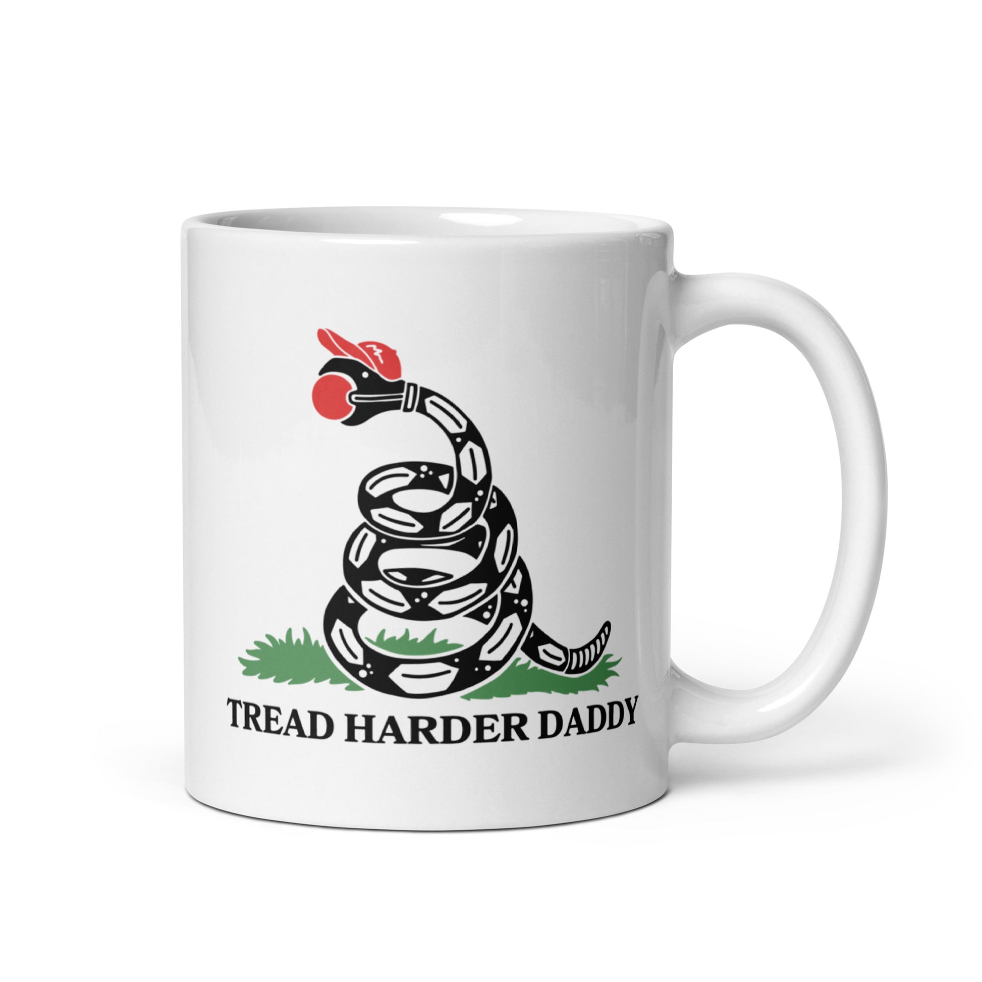 Tread Harder Daddy Coiled Snake Parody White Glossy Mug by Spinsterly Co, glossy ceramic with red and green graphic