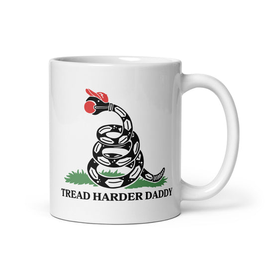 Tread Harder Daddy Coiled Snake Parody White Glossy Mug by Spinsterly Co, glossy ceramic with red and green graphic