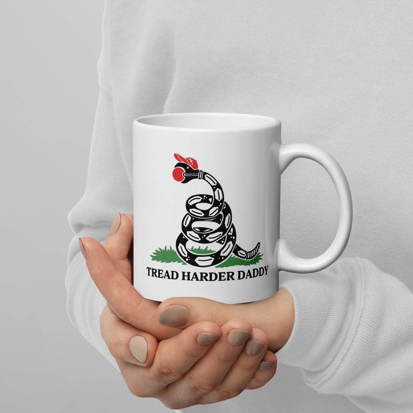 Tread Harder Daddy Coiled Snake Parody White Glossy Mug Spinsterly Co ceramic mug with glossy finish