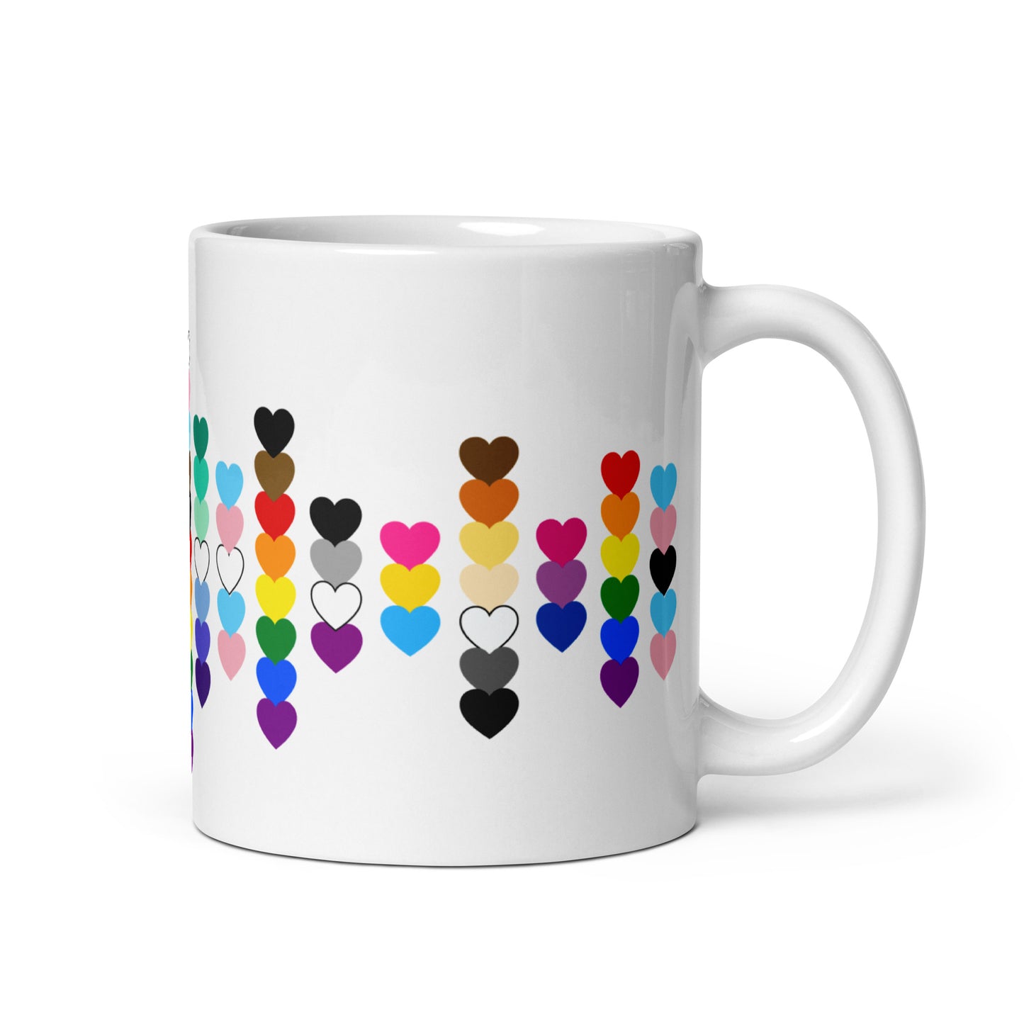 LGBTQIA Pride Flag Hearts White Glossy Mug by Spinsterly Co, glossy ceramic with colorful heart scatter