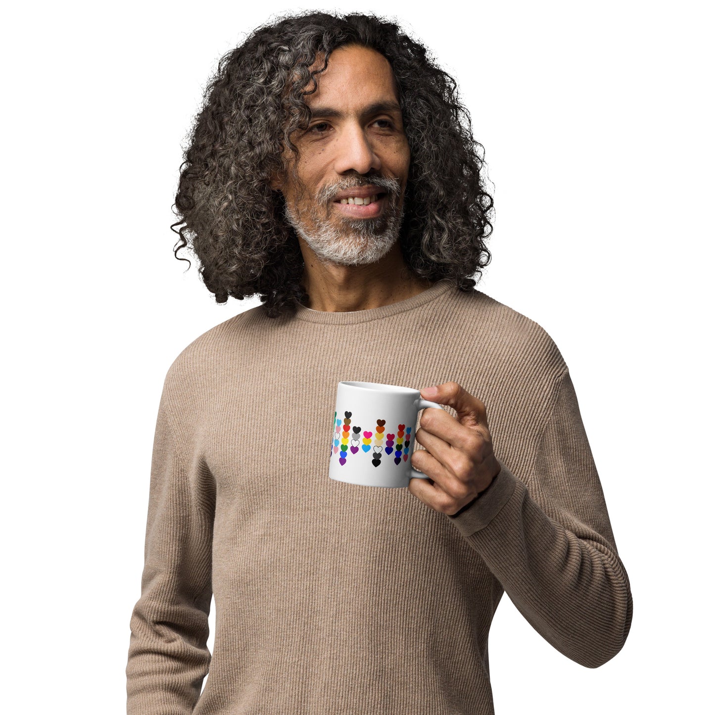 LGBTQIA Pride Flag Hearts White Glossy Mug by Spinsterly Co, glossy ceramic mug with heart scatter