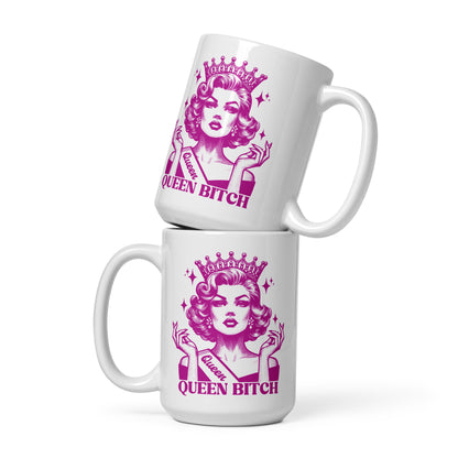 Queen Bitch White Glossy Coffee Mug by Spinsterly Co, glossy ceramic with purple crowned queen illustration