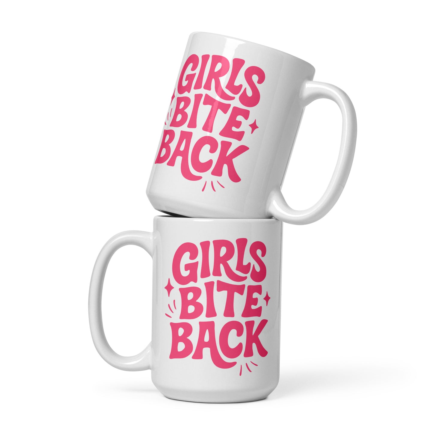 Girls Bite Back Glossy White Coffee Mug Spinsterly Co ceramic mug in glossy white with pink retro lettering