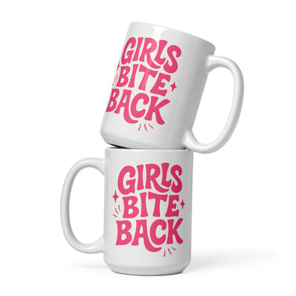 Girls Bite Back Glossy White Coffee Mug Spinsterly Co ceramic mug in glossy white with pink retro lettering