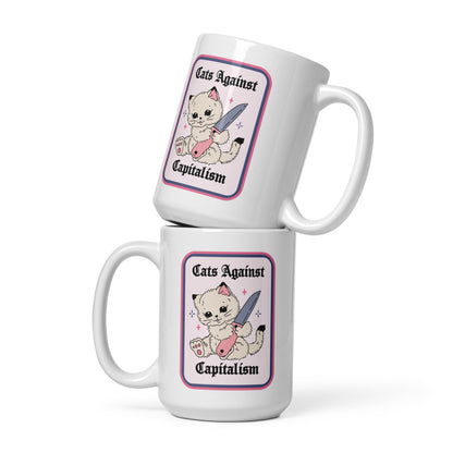 Cats Against Capitalism Glossy White Coffee Mug by Spinsterly Co with double sided protest cat illustration