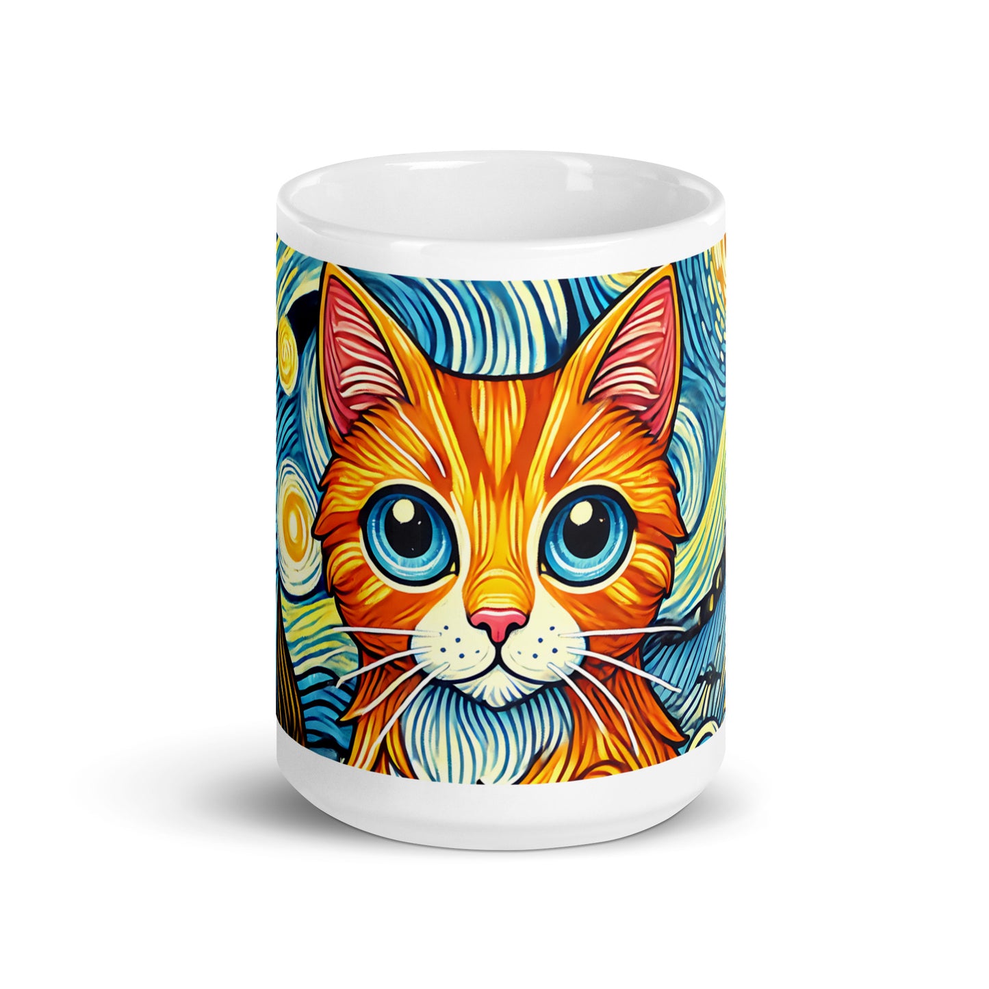 Starry Night Cat Glossy White Coffee Mug Spinsterly Co ceramic mug with wrap-around peering cat art