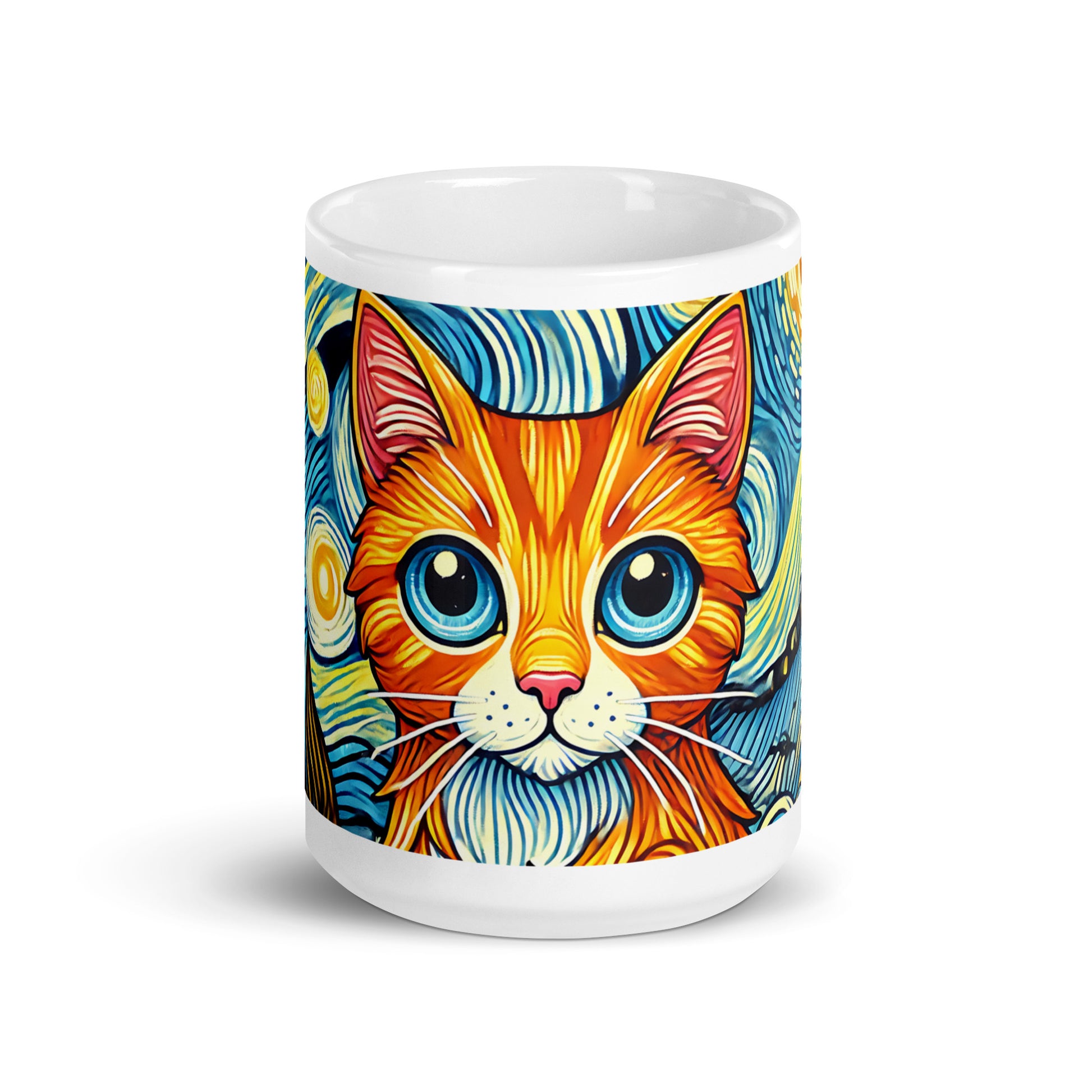Starry Night Cat Glossy White Coffee Mug Spinsterly Co ceramic mug with wrap-around peering cat art