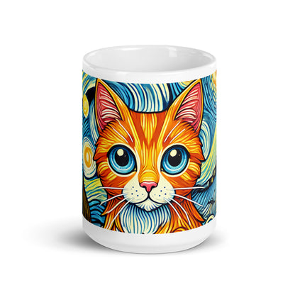 Starry Night Cat Glossy White Coffee Mug Spinsterly Co ceramic mug with wrap-around peering cat art