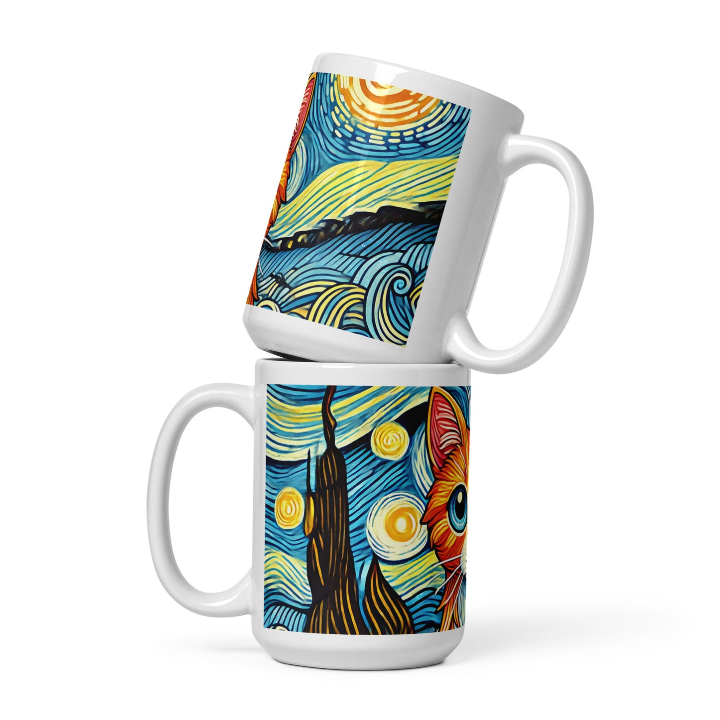 Starry Night Cat Glossy White Coffee Mug Spinsterly Co ceramic mug with wrap around night sky cat art