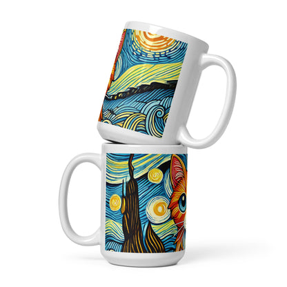 Starry Night Cat Glossy White Coffee Mug Spinsterly Co ceramic mug with wrap around night sky cat art