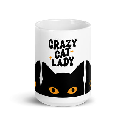 Crazy Cat Lady Peeking Black Cat Glossy White Coffee Mug Spinsterly Co with glossy ceramic wrap print