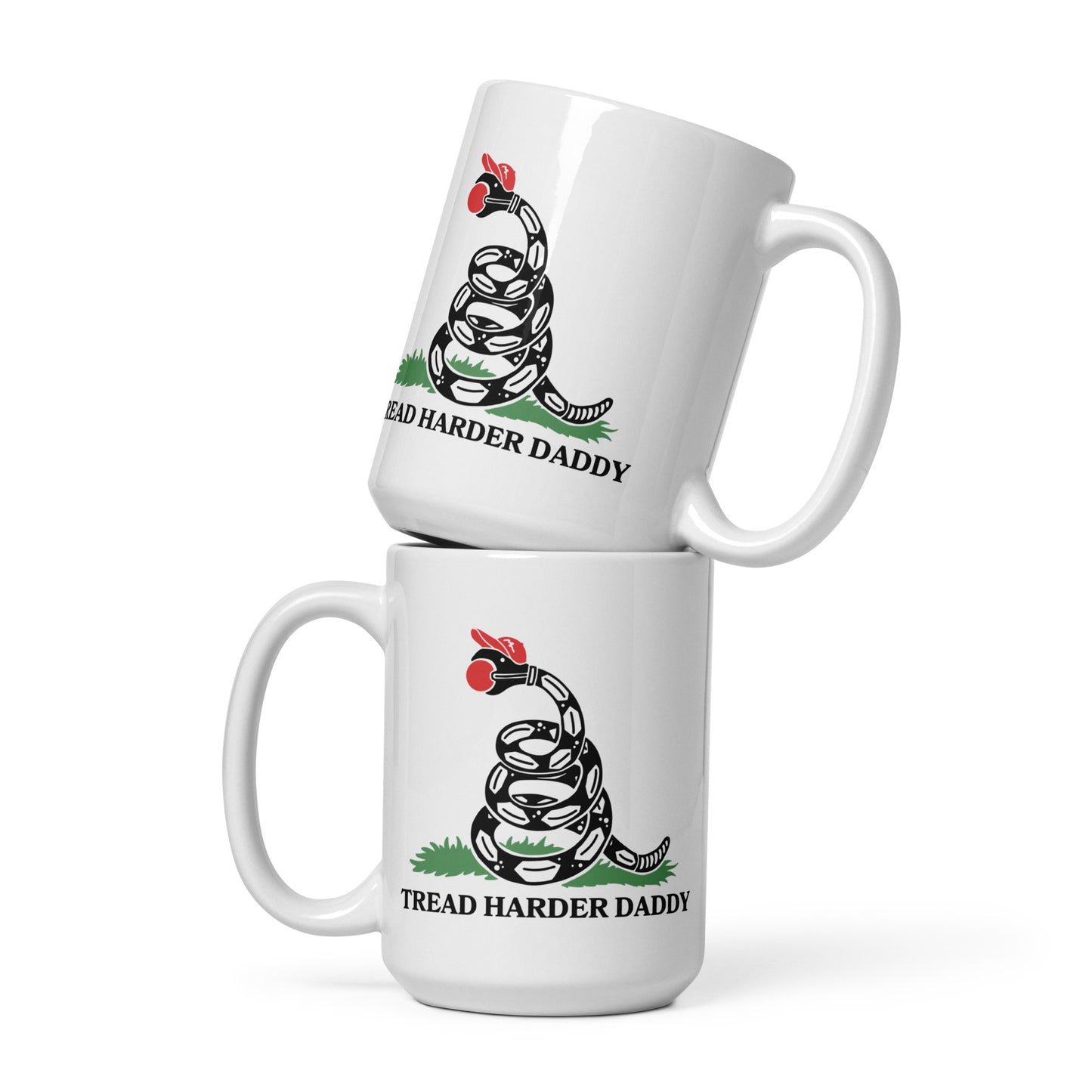 Tread Harder Daddy Coiled Snake Parody White Glossy Mug by Spinsterly Co, glossy ceramic with printed design