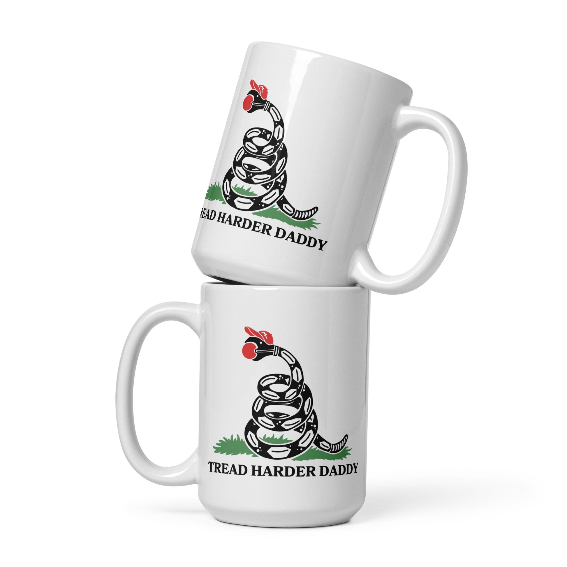Tread Harder Daddy Coiled Snake Parody White Glossy Mug by Spinsterly Co, glossy ceramic with printed design