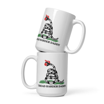 Tread Harder Daddy Coiled Snake Parody White Glossy Mug by Spinsterly Co, glossy ceramic with printed design