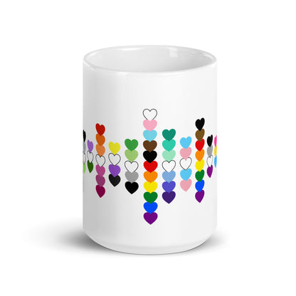 LGBTQIA Pride Flag Hearts White Glossy Mug by Spinsterly Co, ceramic mug with all around heart scatter