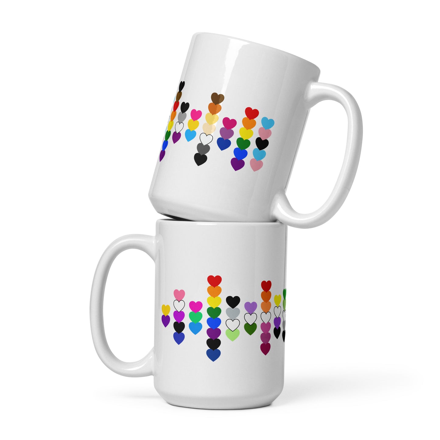 LGBTQIA Pride Flag Hearts White Glossy Mug Spinsterly Co ceramic mug with all around heart scatter design
