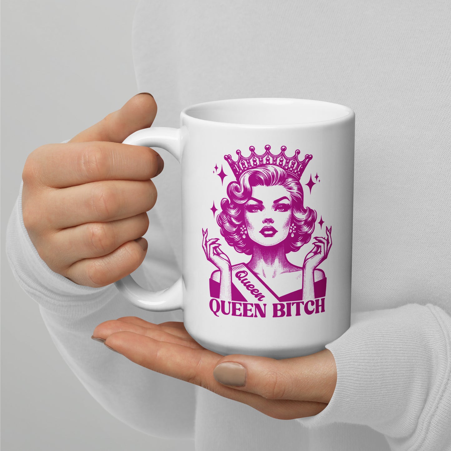 Queen Bitch White Glossy Coffee Mug crowned retro queen illustration by Spinsterly Co, glossy ceramic, purple print