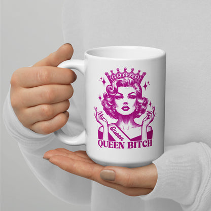 Queen Bitch White Glossy Coffee Mug crowned retro queen illustration by Spinsterly Co, glossy ceramic, purple print