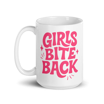 Girls Bite Back Glossy White Coffee Mug Spinsterly Co ceramic mug in glossy white with pink retro lettering