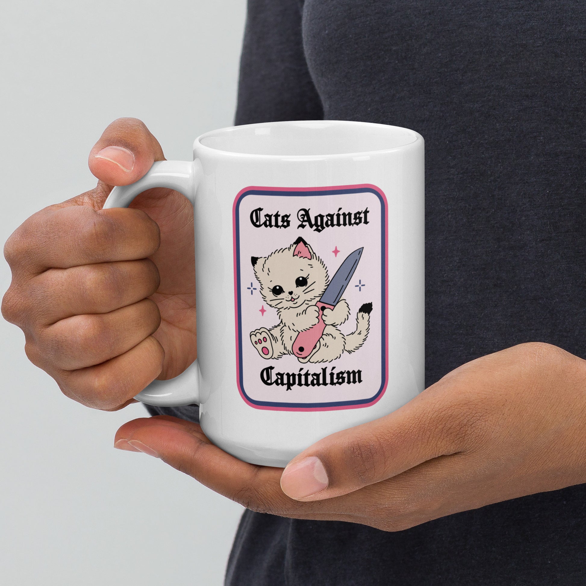Cats Against Capitalism Glossy White Coffee Mug by Spinsterly Co, white ceramic with double sided cat protest print